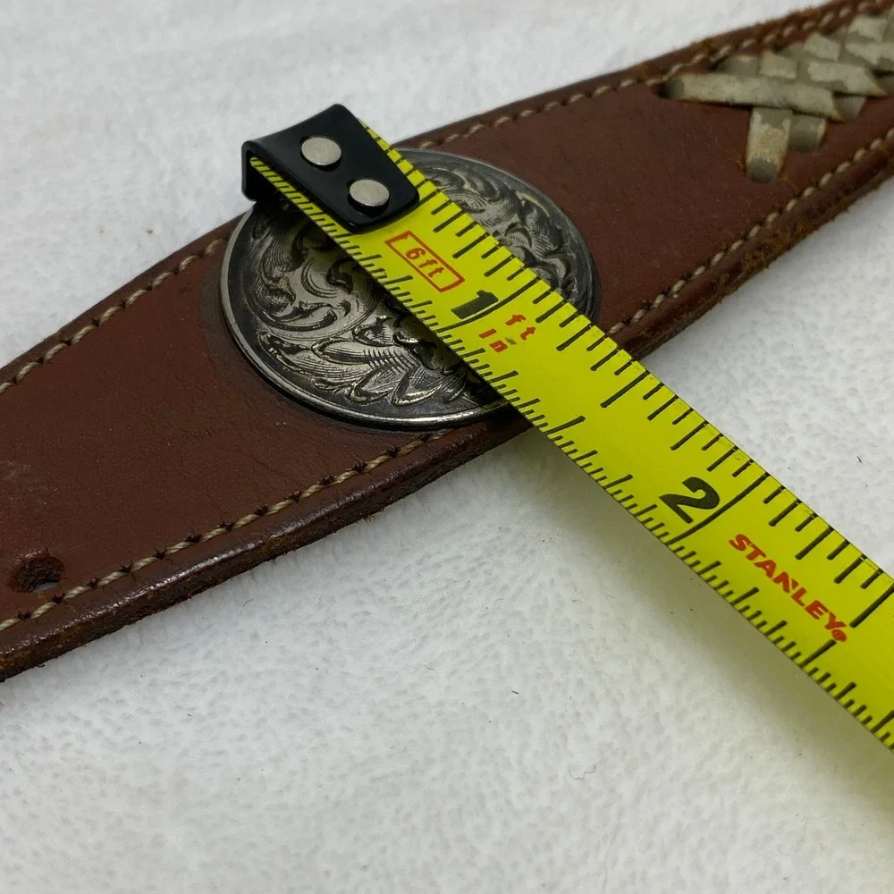 VTG Distressed‎ Brown Leather Western Concho Belt Whipstitch Lacing No Buckle